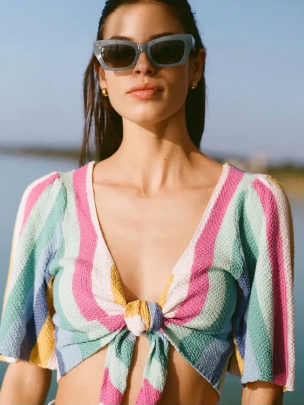 Z supply Striped Knit Tie-Front Crop Top in Pastel Multi